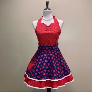 Blue and Red Apple and Polka Dot Retro Style Apron